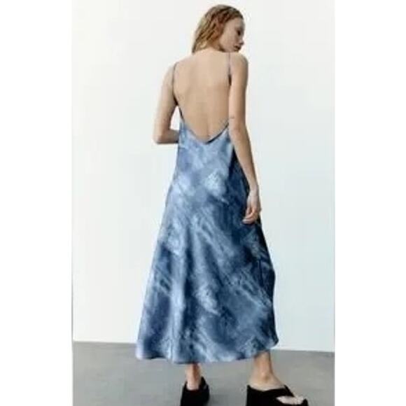 Zara XS Dress Spaghetti Strap Backless Denim-Print Long Satin Lightweight - Picture 2 of 9